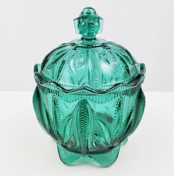 Fenton Candy Jar Vintage Spruce Green Cactus Art Glass Lidded 1995 Holidays 6+" - Picture 12 of 14
